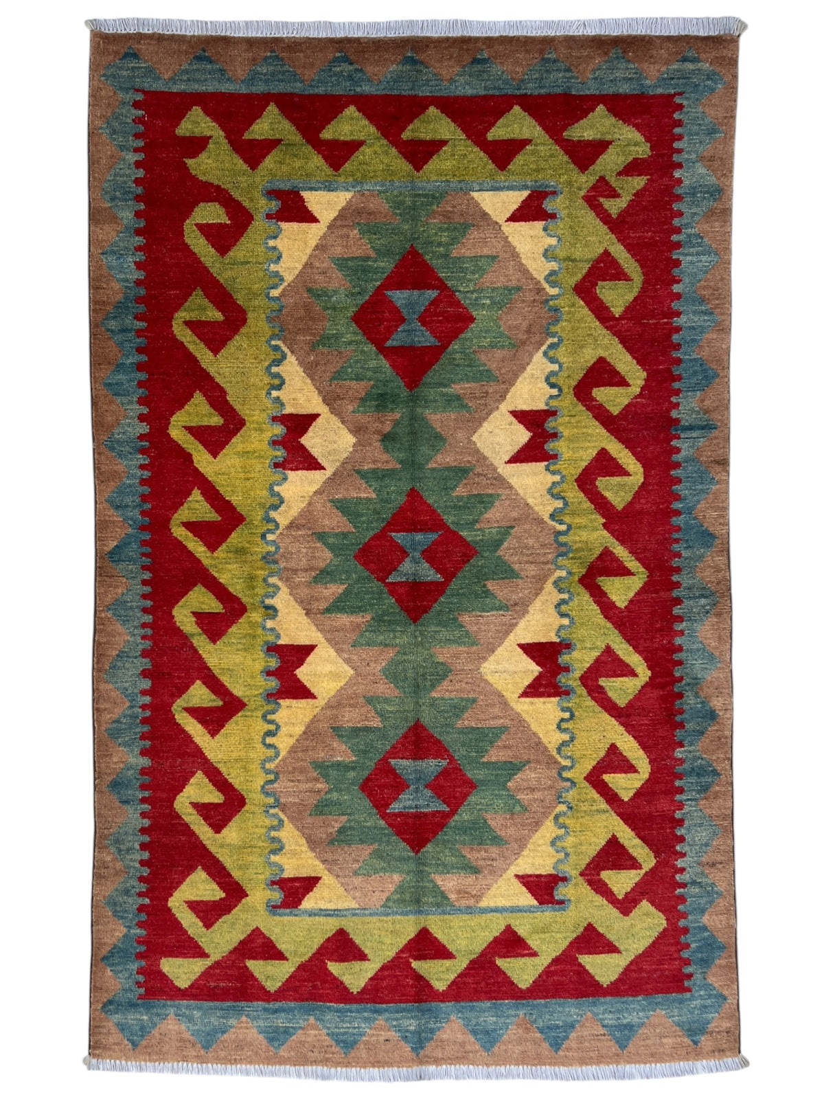 Chobi Kilim Design Rug 4x6 | Red, Tan & Olive | Hand-Knotted Wool Pile