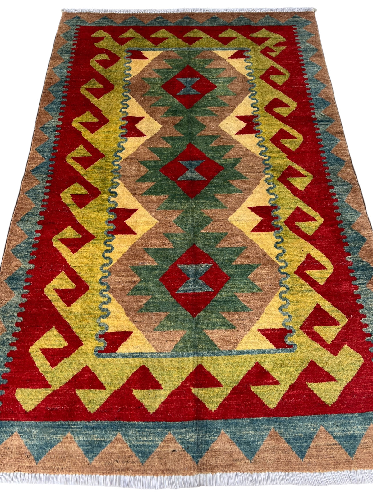 Chobi Kilim Design Rug 4x6 | Red, Tan & Olive | Hand-Knotted Wool Pile