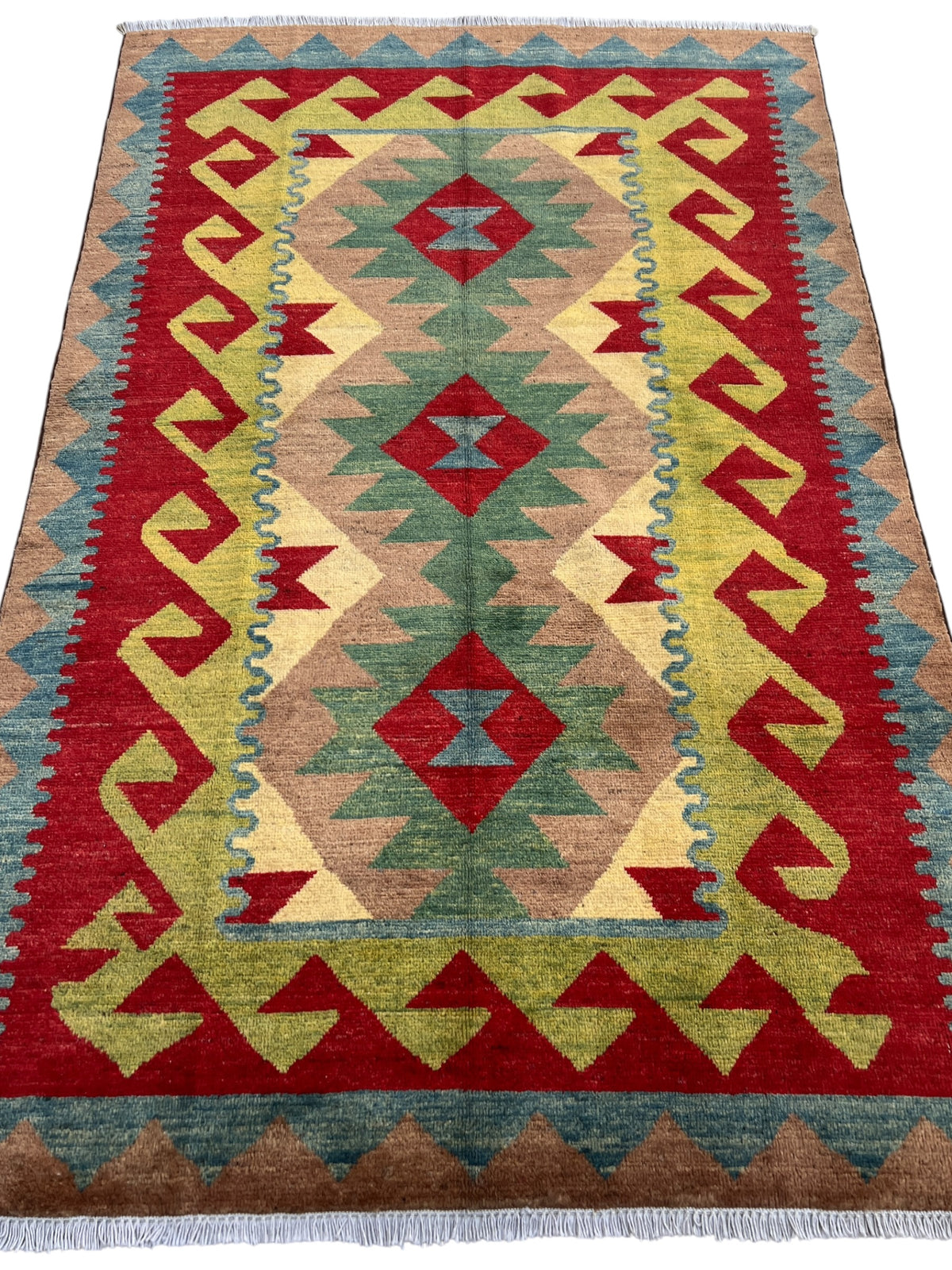 Chobi Kilim Design Rug 4x6 | Red, Tan & Olive | Hand-Knotted Wool Pile