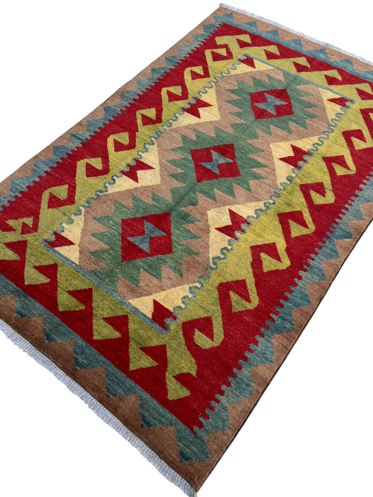 Chobi Kilim Design Rug 4x6 | Red, Tan & Olive | Hand-Knotted Wool Pile