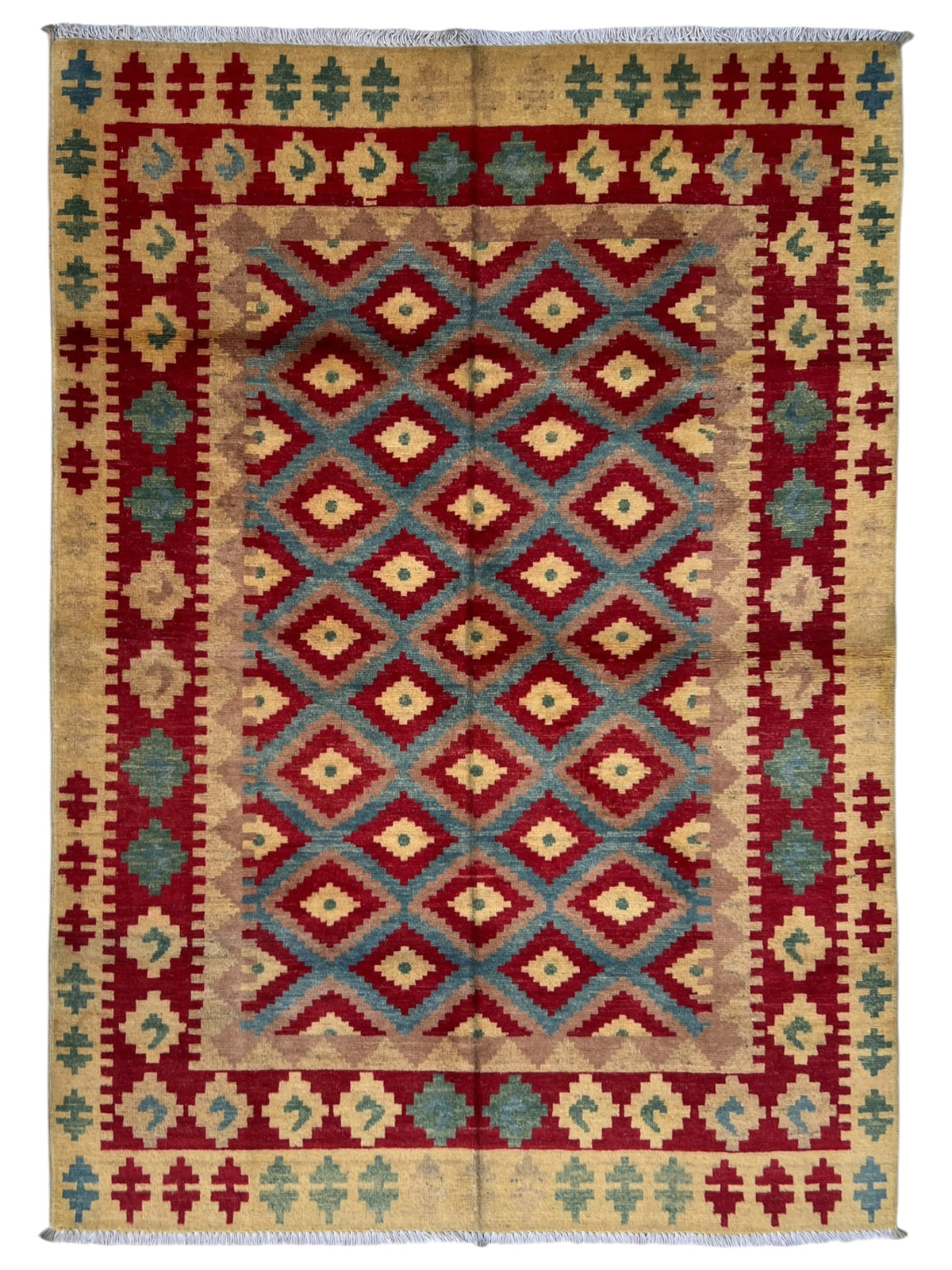 Chobi Kilim Design Rug 4x6 | Red, Gold & Blue | Hand-Knotted Wool Rug