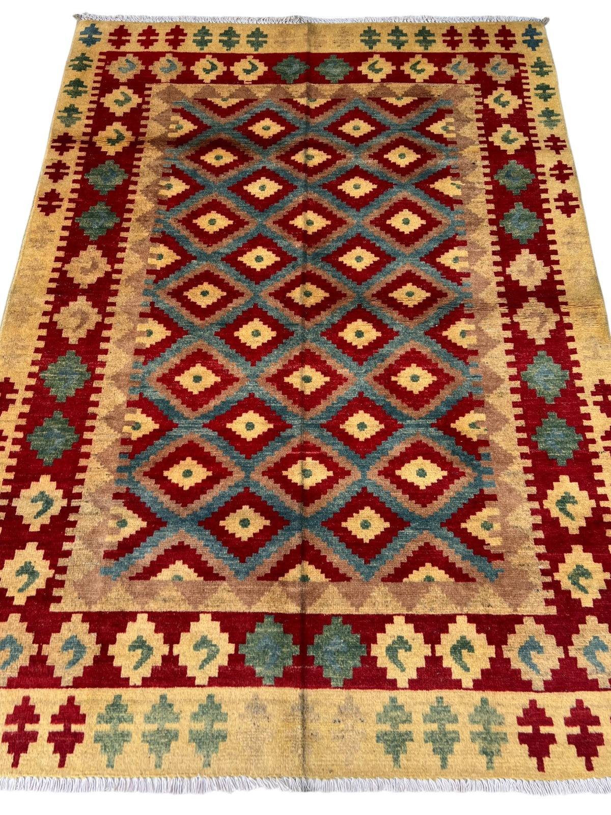 Chobi Kilim Design Rug 4x6 | Red, Gold & Blue | Hand-Knotted Wool Rug