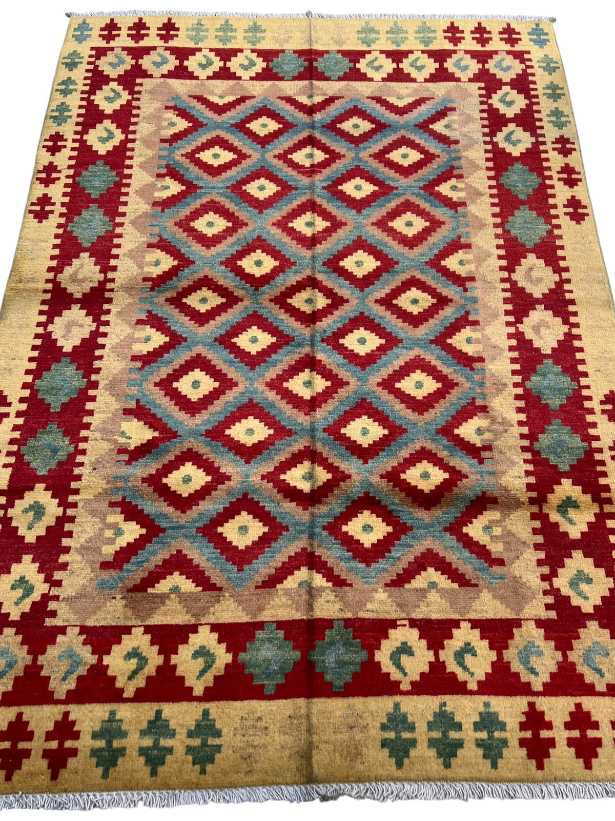 Chobi Kilim Design Rug 4x6 | Red, Gold & Blue | Hand-Knotted Wool Rug