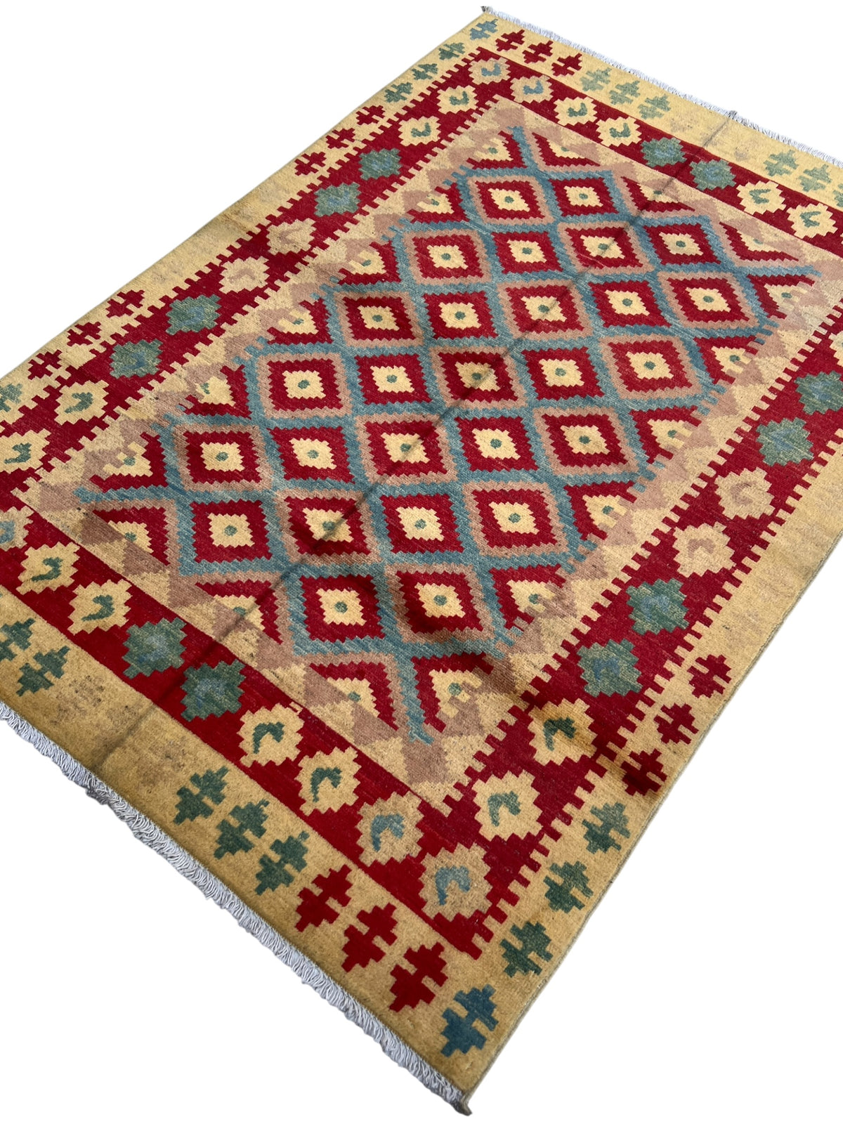 Chobi Kilim Design Rug 4x6 | Red, Gold & Blue | Hand-Knotted Wool Rug