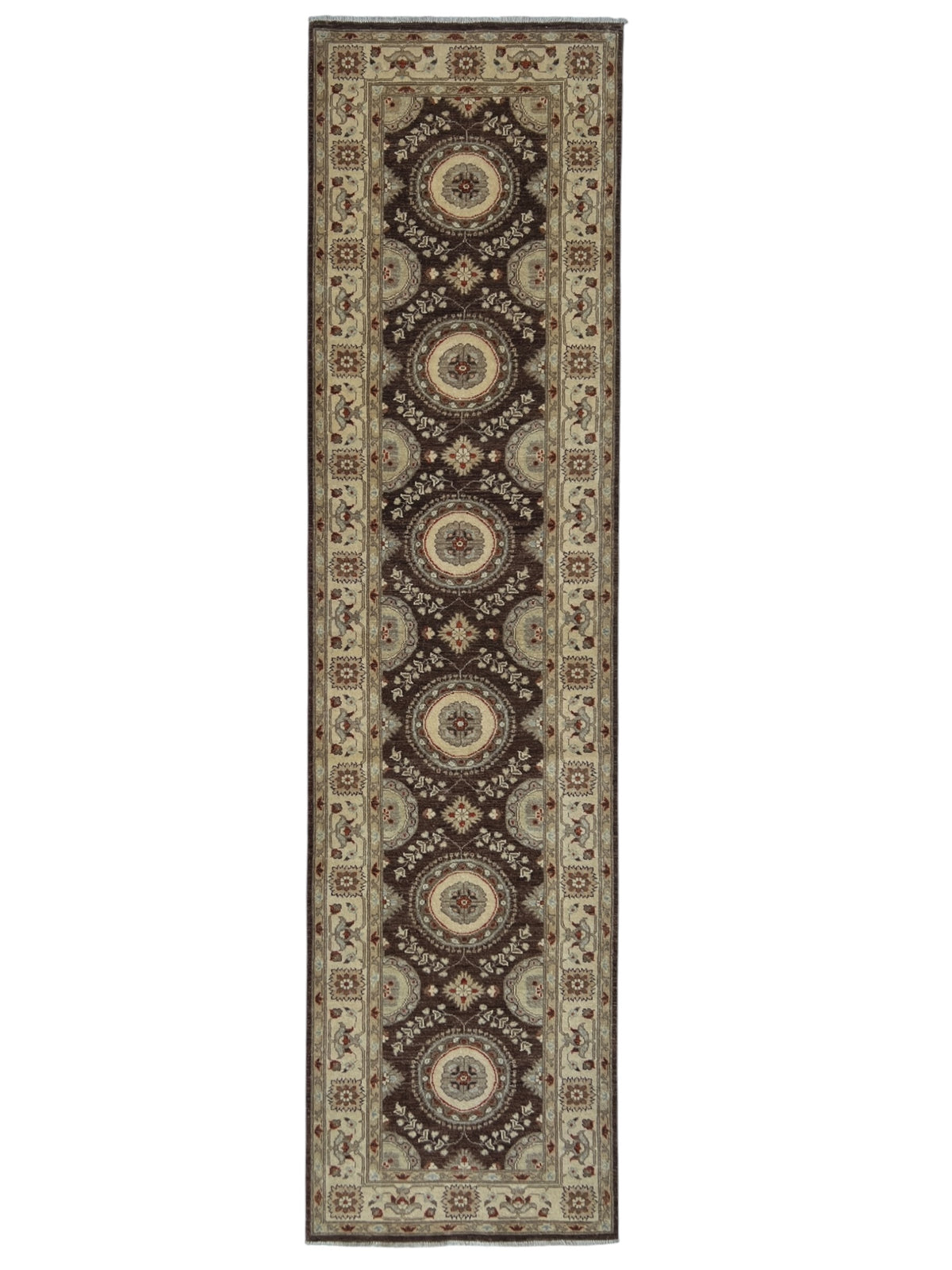 Chobi Suzani Design Runner 3x12 | Brown, Beige & Ivory | Hand-Knotted Wool