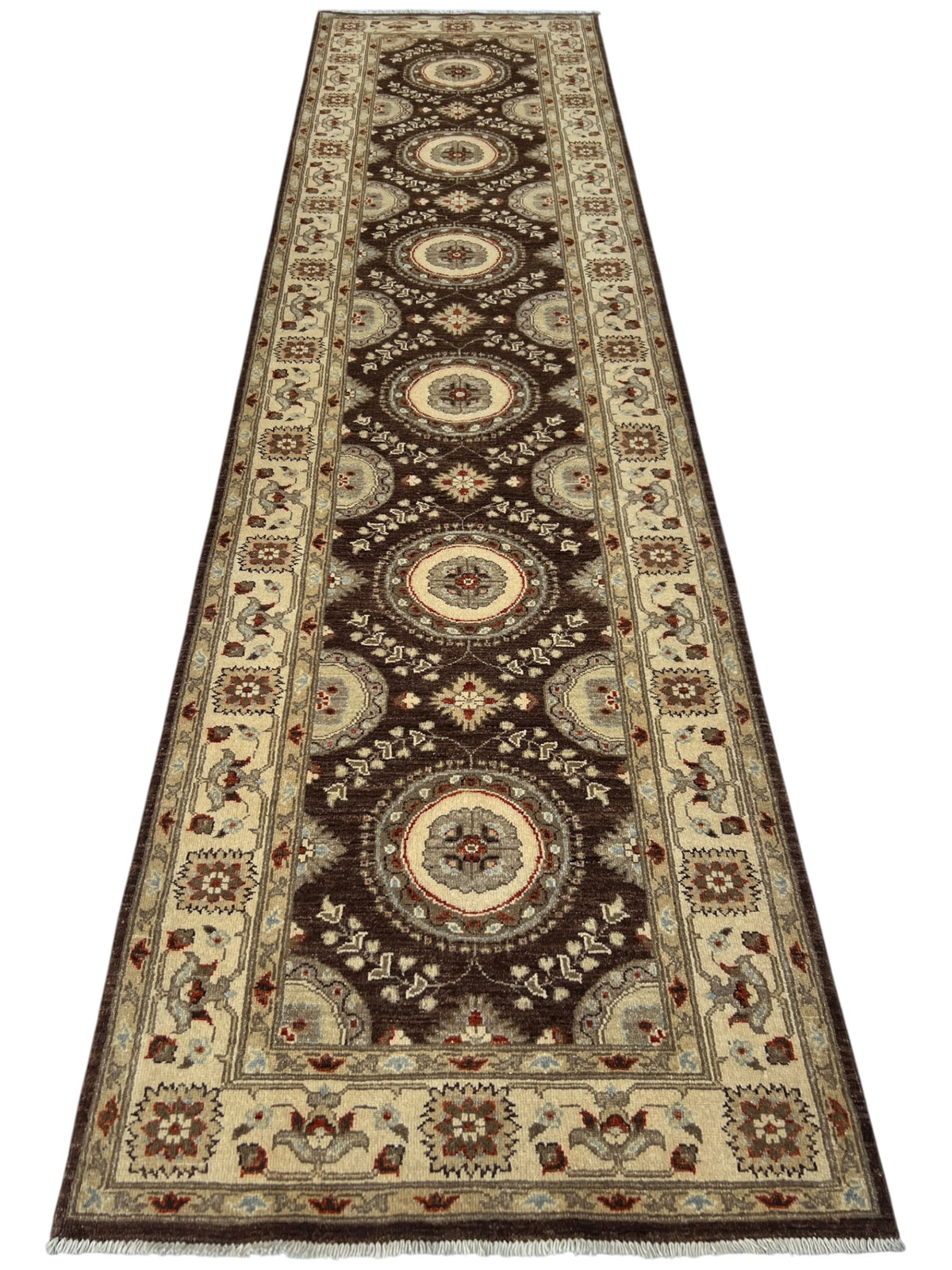 Chobi Suzani Design Runner 3x12 | Brown, Beige & Ivory | Hand-Knotted Wool