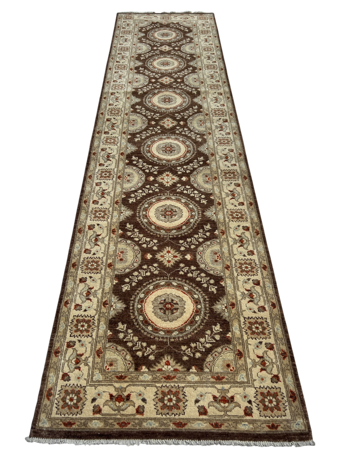 Chobi Suzani Design Runner 3x12 | Brown, Beige & Ivory | Hand-Knotted Wool