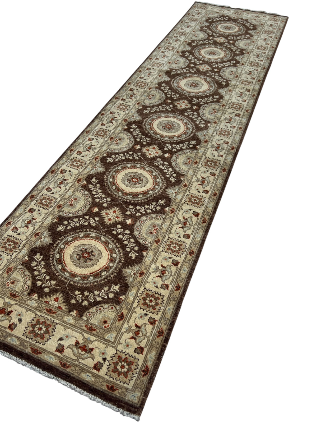 Chobi Suzani Design Runner 3x12 | Brown, Beige & Ivory | Hand-Knotted Wool