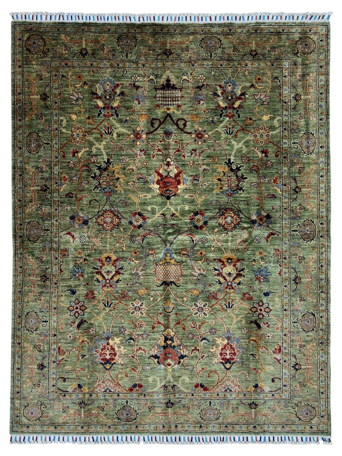 Chobi Ziegler Rug 5x6 | Sage, Green & Red | Hand-Knotted Wool