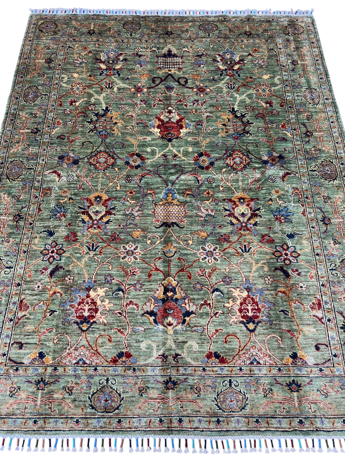Chobi Ziegler Rug 5x6 | Sage, Green & Red | Hand-Knotted Wool