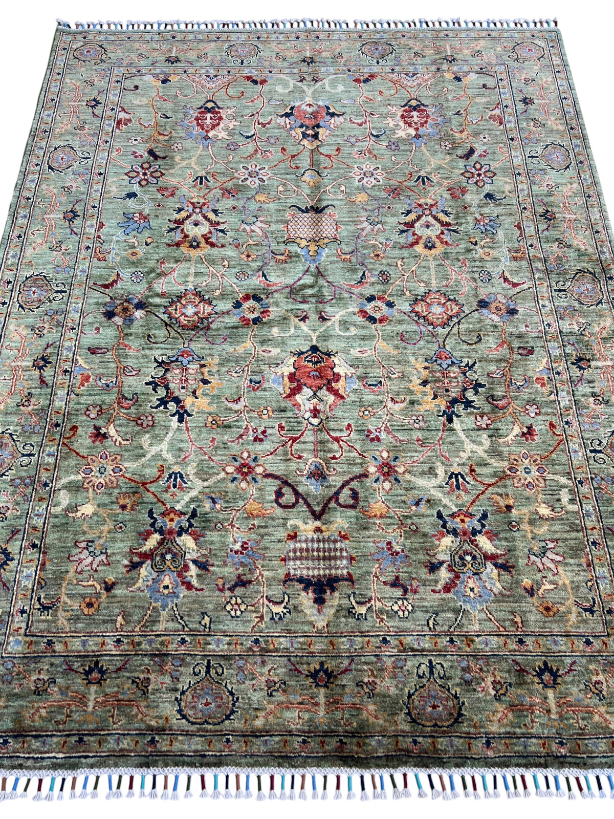 Chobi Ziegler Rug 5x6 | Sage, Green & Red | Hand-Knotted Wool
