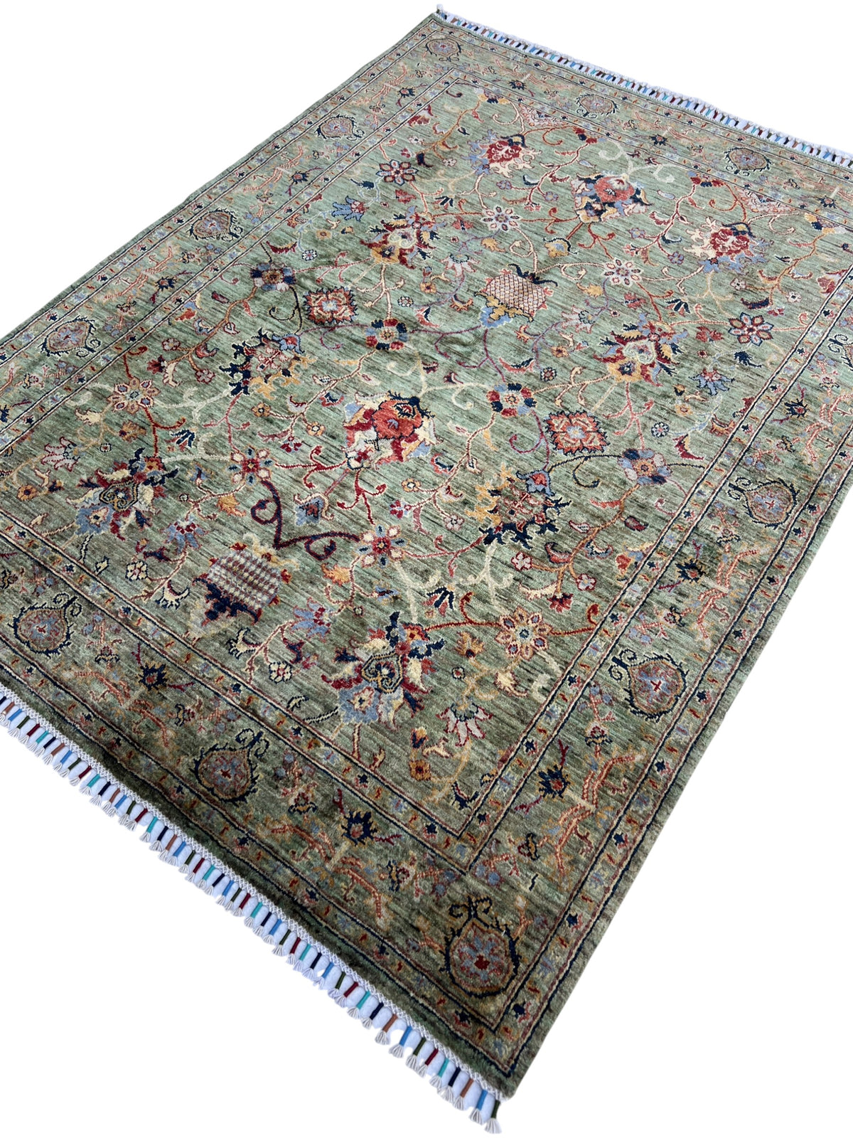 Chobi Ziegler Rug 5x6 | Sage, Green & Red | Hand-Knotted Wool