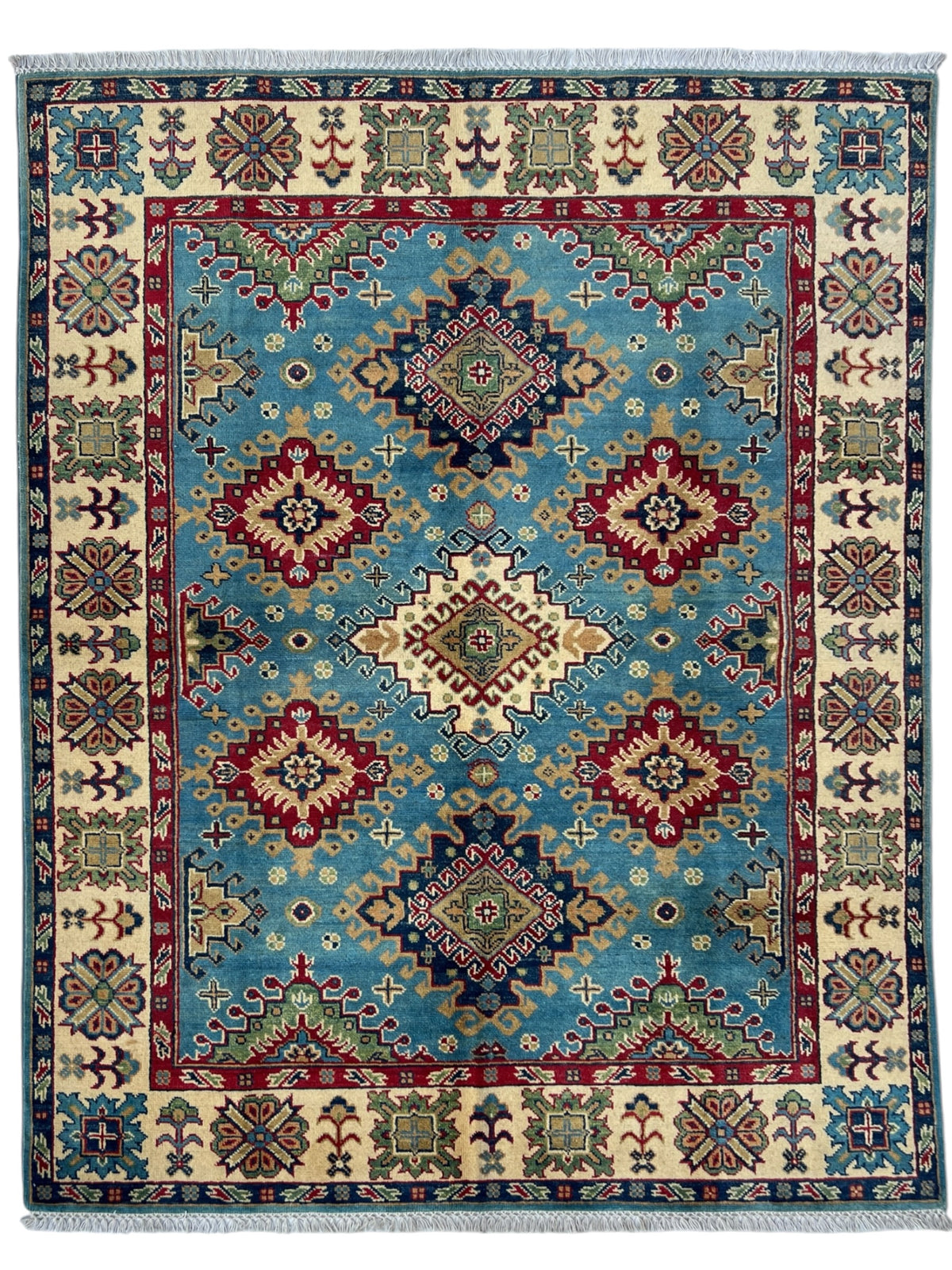 Super Kazak Rug 5x6 | Light Blue, Ivory & Red | Hand-Knotted Wool