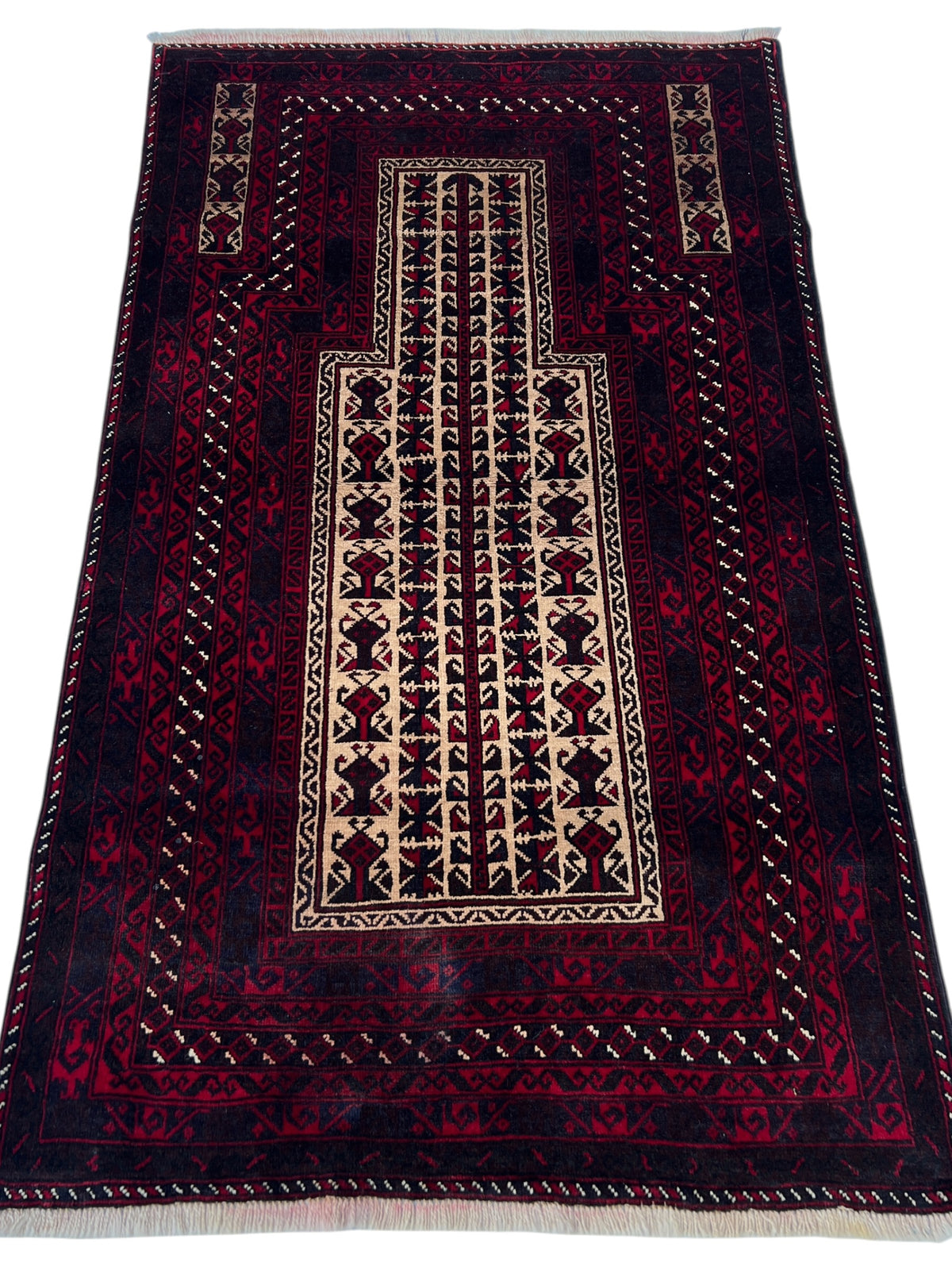 Baluch Prayer Rug 3x5 | Burgundy, Navy & Ivory | Hand-Knotted Wool