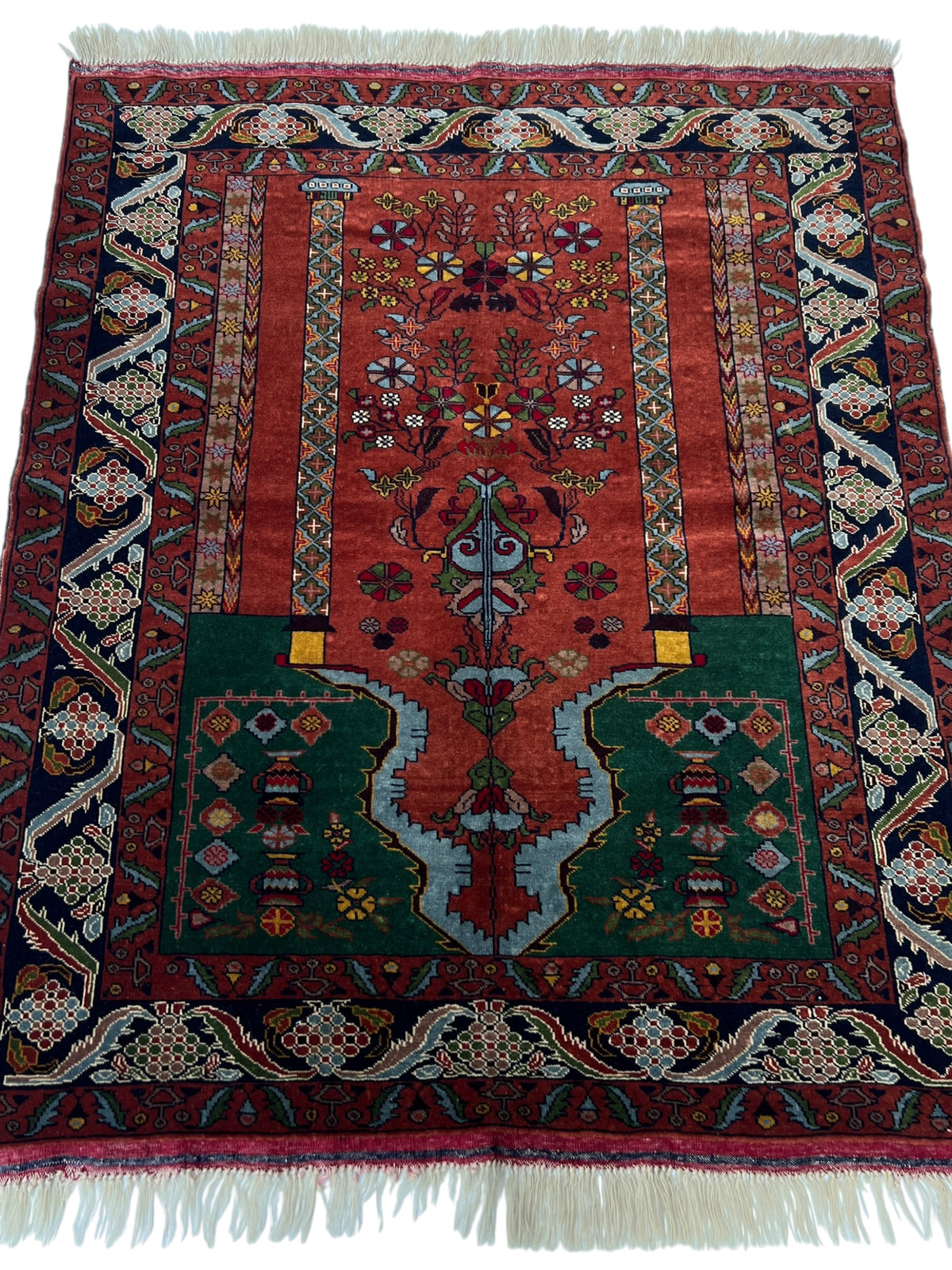 Kazak Prayer Rug 3x4 | Rust, Navy & Green | Hand-Knotted Wool