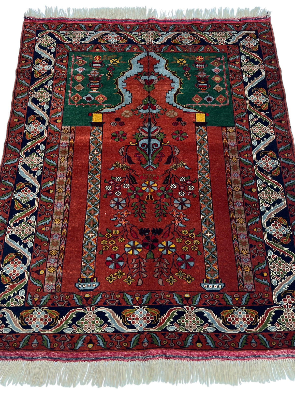 Kazak Prayer Rug 3x4 | Rust, Navy & Green | Hand-Knotted Wool
