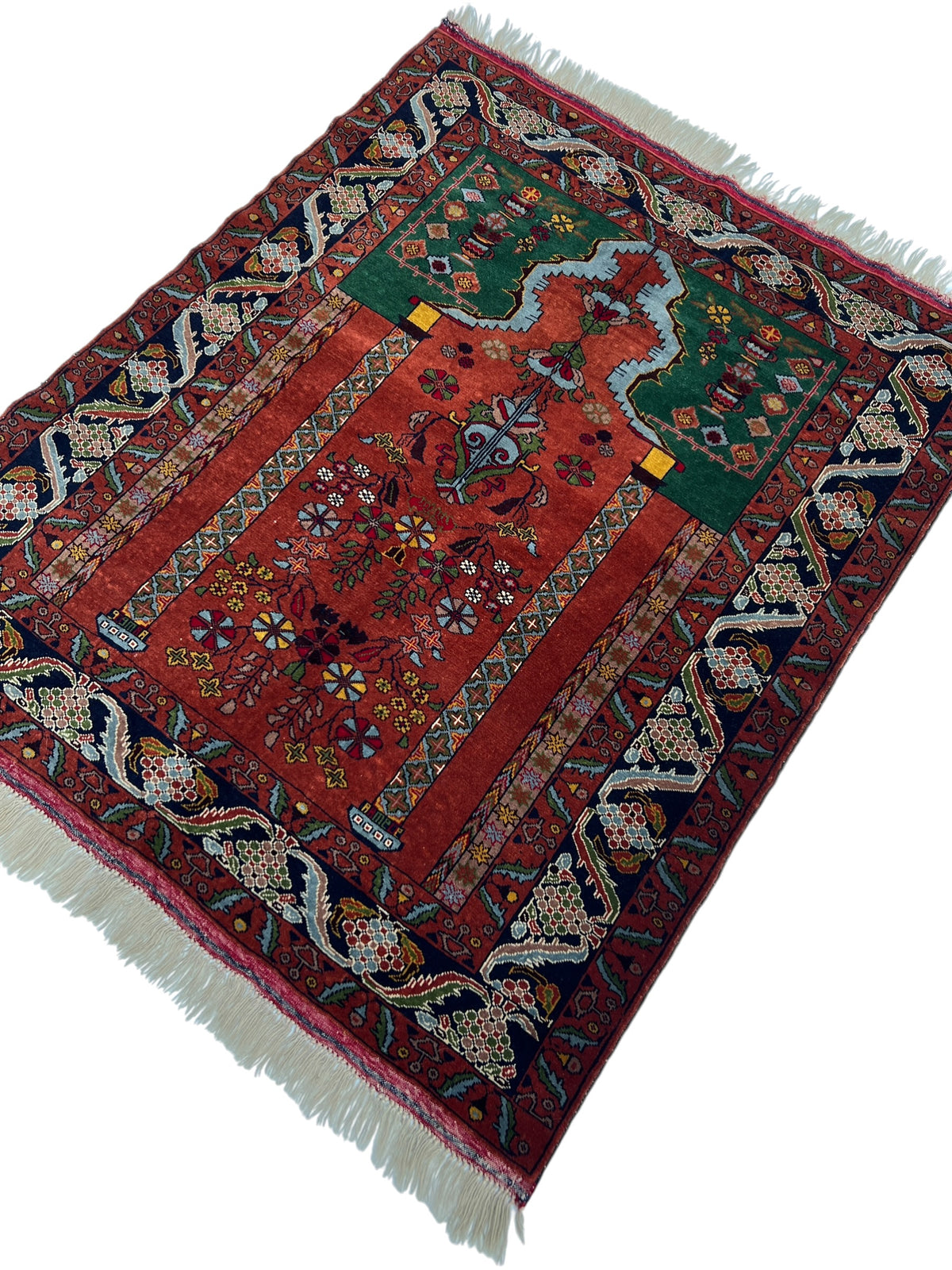 Kazak Prayer Rug 3x4 | Rust, Navy & Green | Hand-Knotted Wool