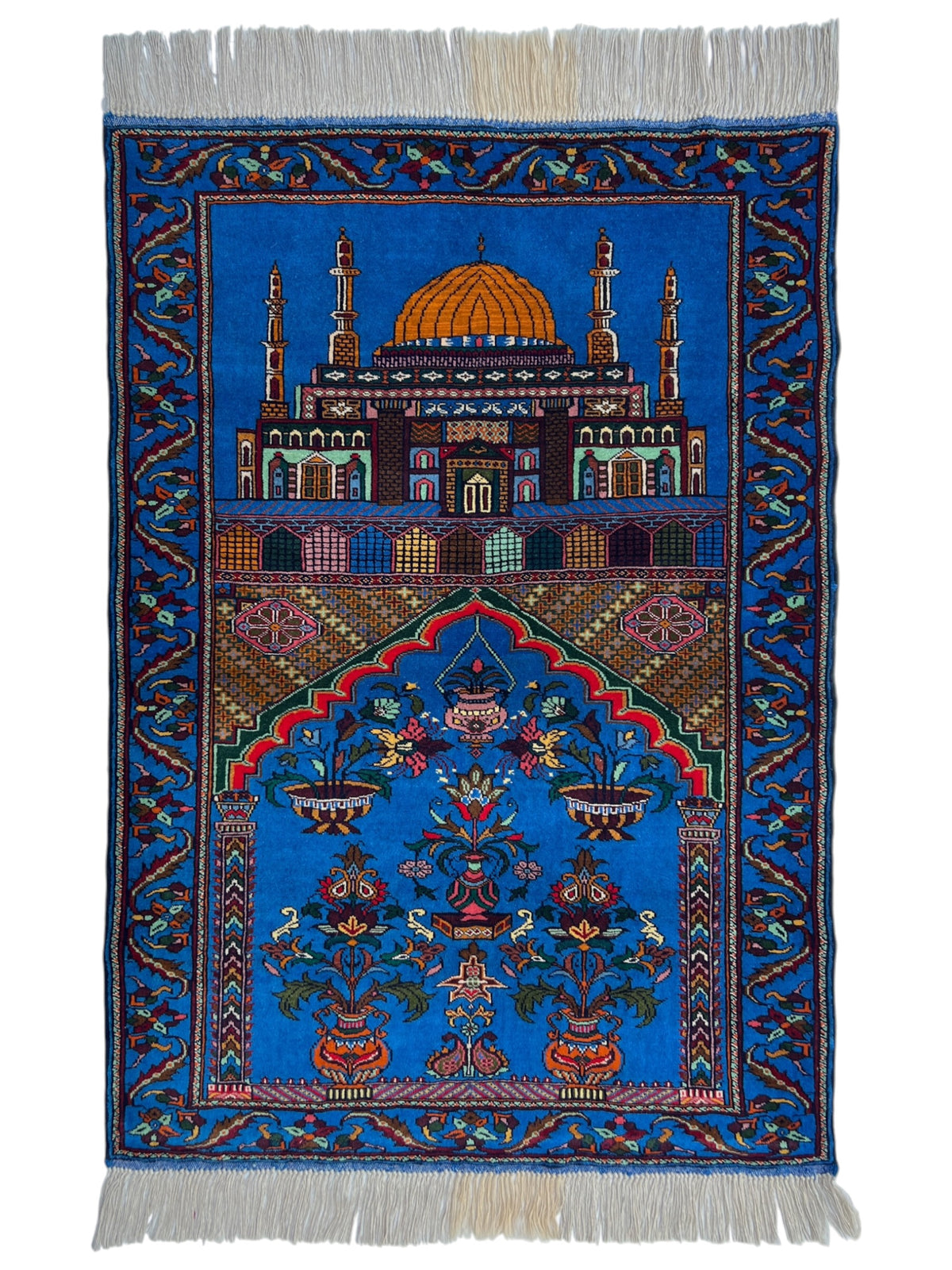 Mosque Prayer Rug 3x4 | Blue, Navy & Orange | Hand-Knotted Wool