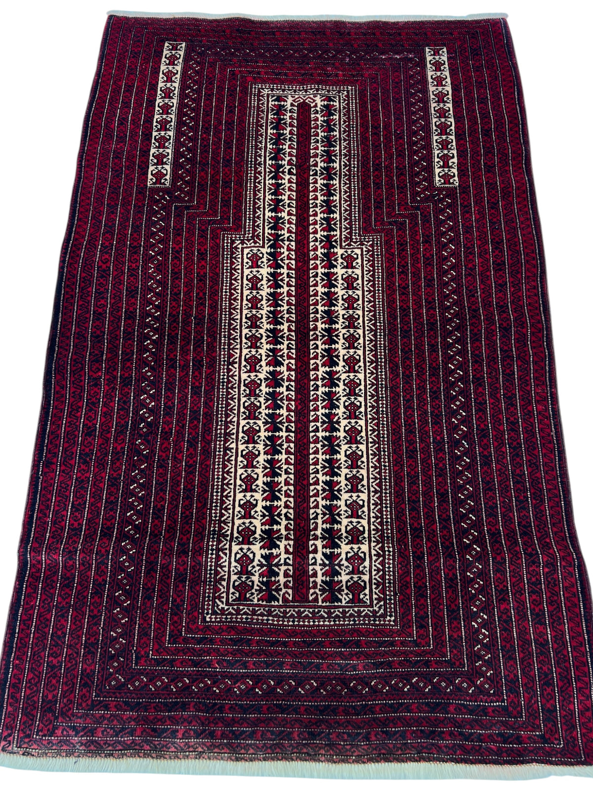 Baluch Prayer Rug 3x5 | Burgundy, Red & Ivory | Hand-Knotted Wool