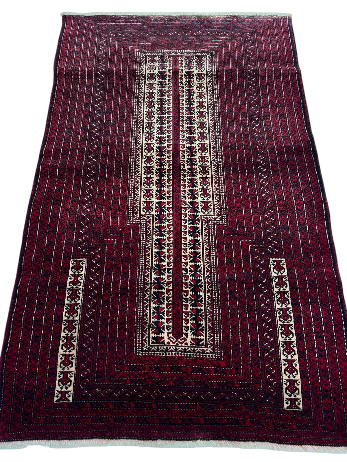 Baluch Prayer Rug 3x5 | Burgundy, Red & Ivory | Hand-Knotted Wool