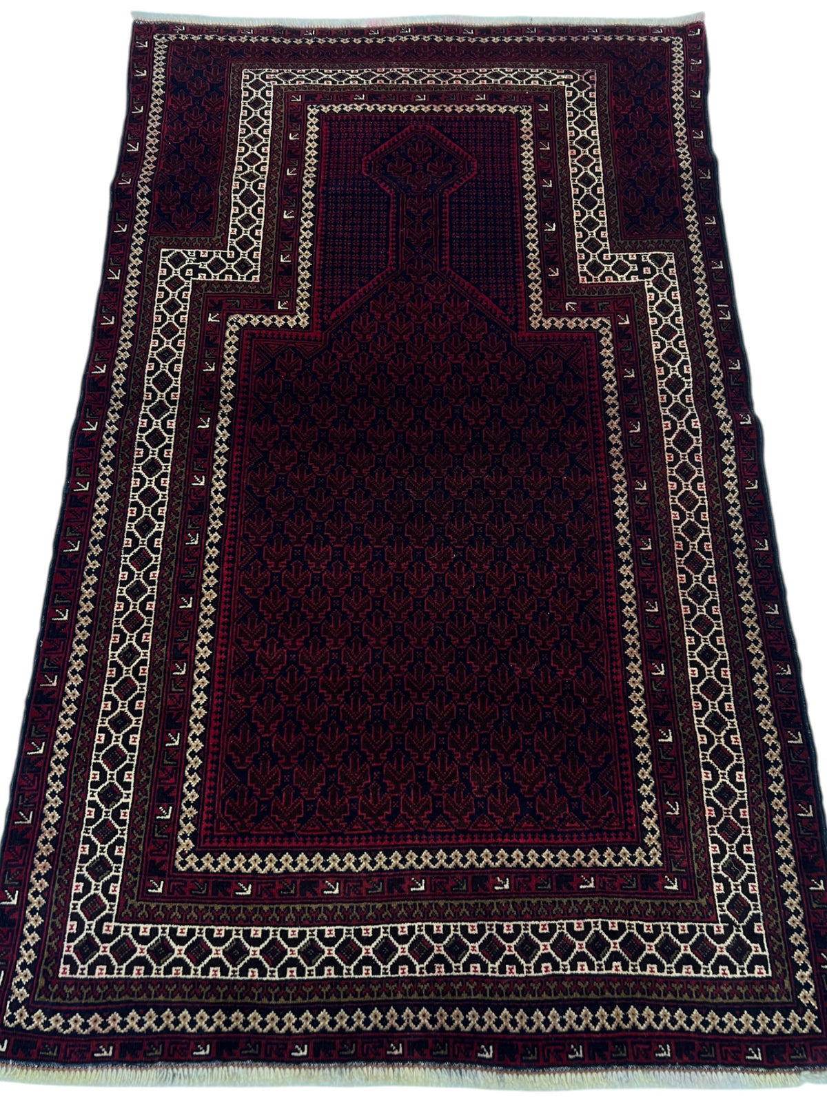 Baluch Prayer Rug 3x5 | Burgundy, Navy & Ivory | Hand-Knotted Wool