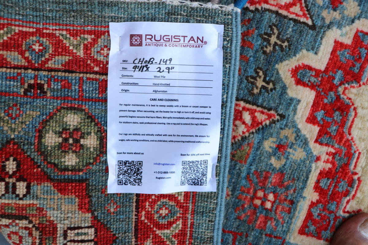 Chobi Mamluk Runner 3x10 | Blue, Red & Beige | Hand-Knotted Wool