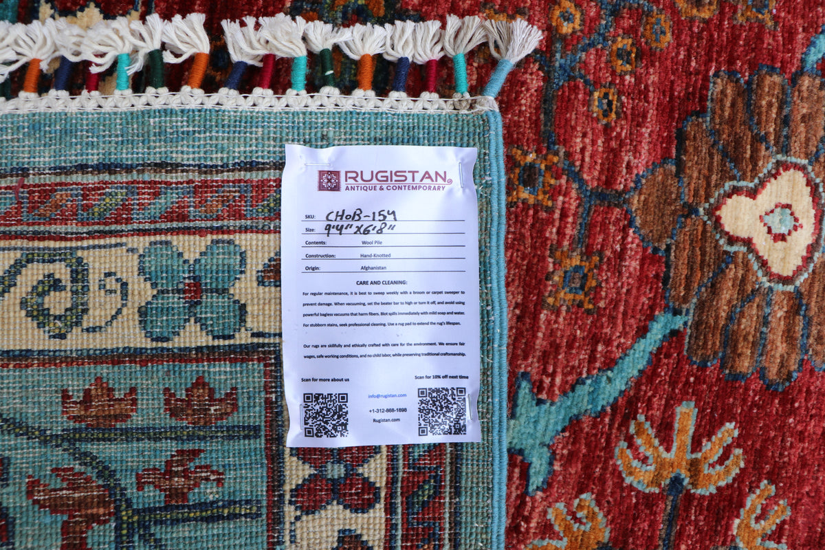 Chobi Ziegler Rug 7x9 | Red, Turquoise & Ivory | Hand-Knotted Wool