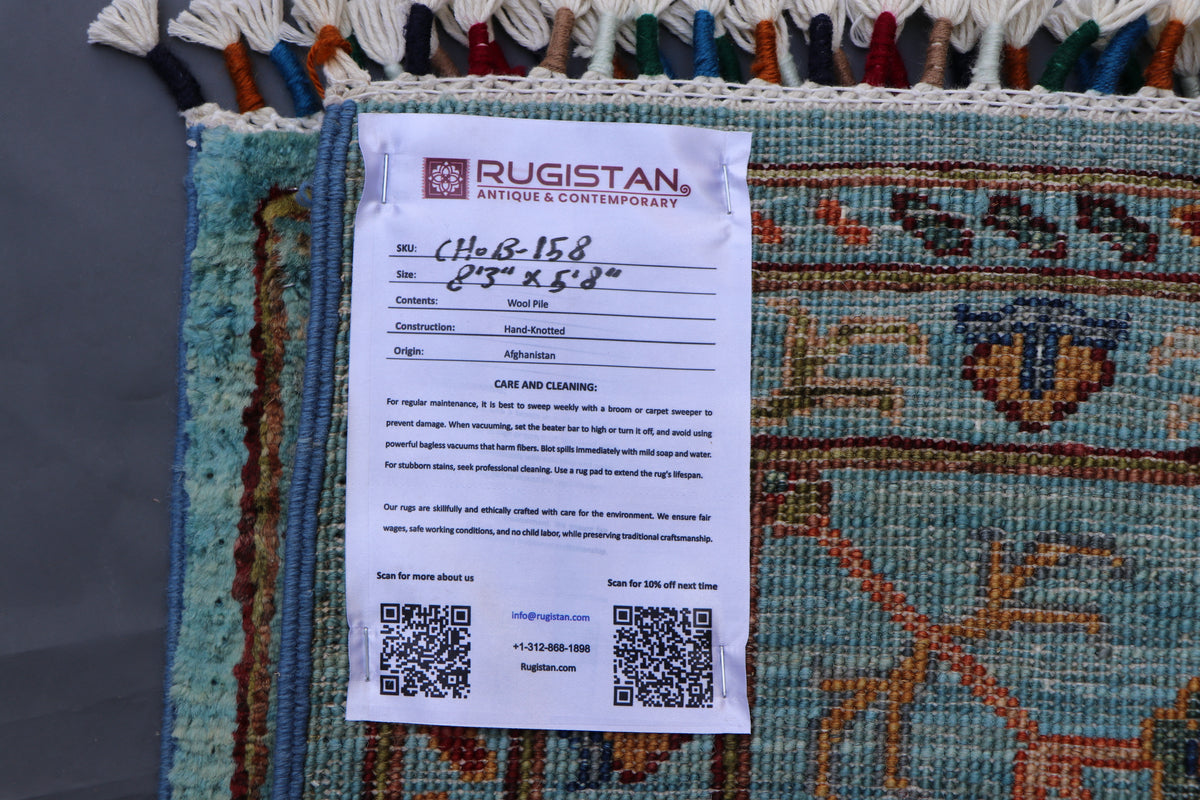 Chobi Ziegler Rug 6x8 | Turquoise, Rust & Navy | Hand-Knotted Wool
