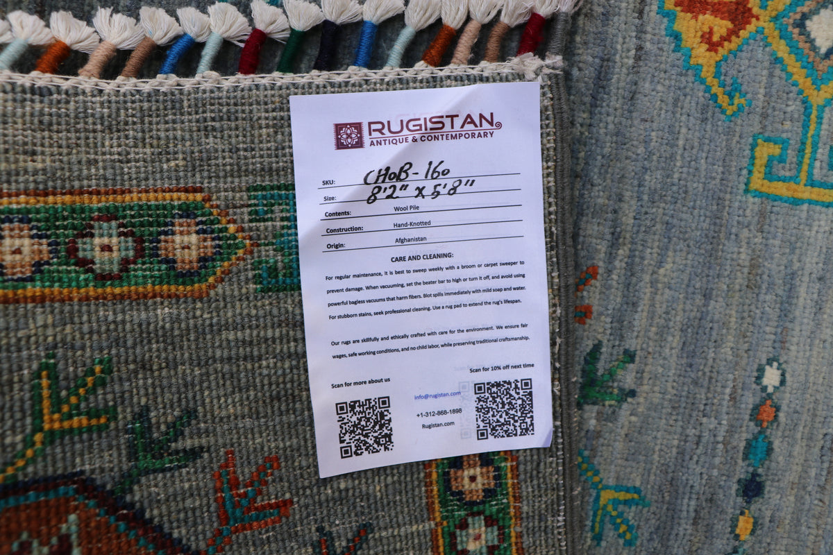 Chobi Kazak Rug 6x8 | Gray, Teal & Rust | Hand-Knotted Wool