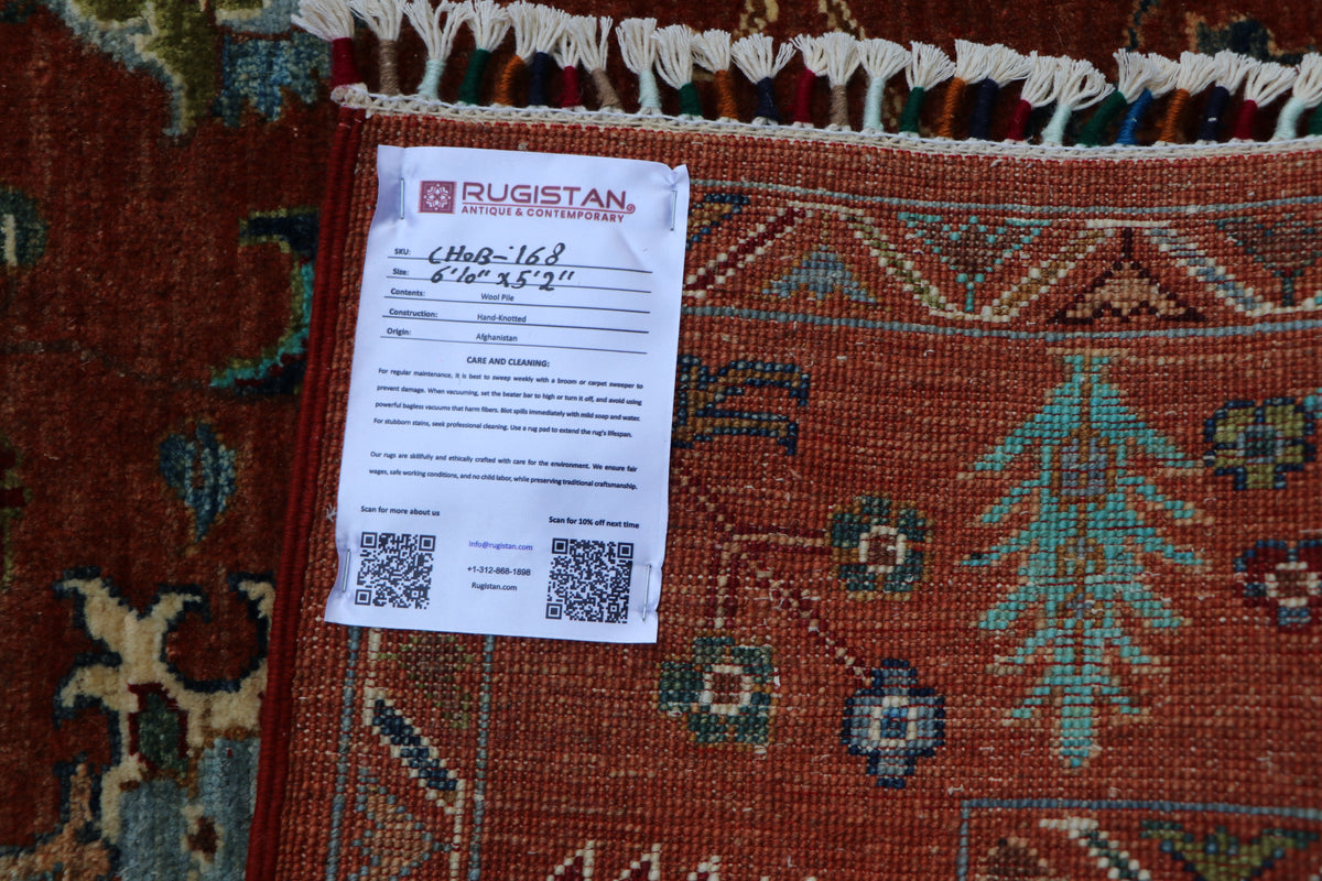 Chobi Ziegler Rug 5x7 | Rust, Teal & Ivory | Hand-Knotted Wool