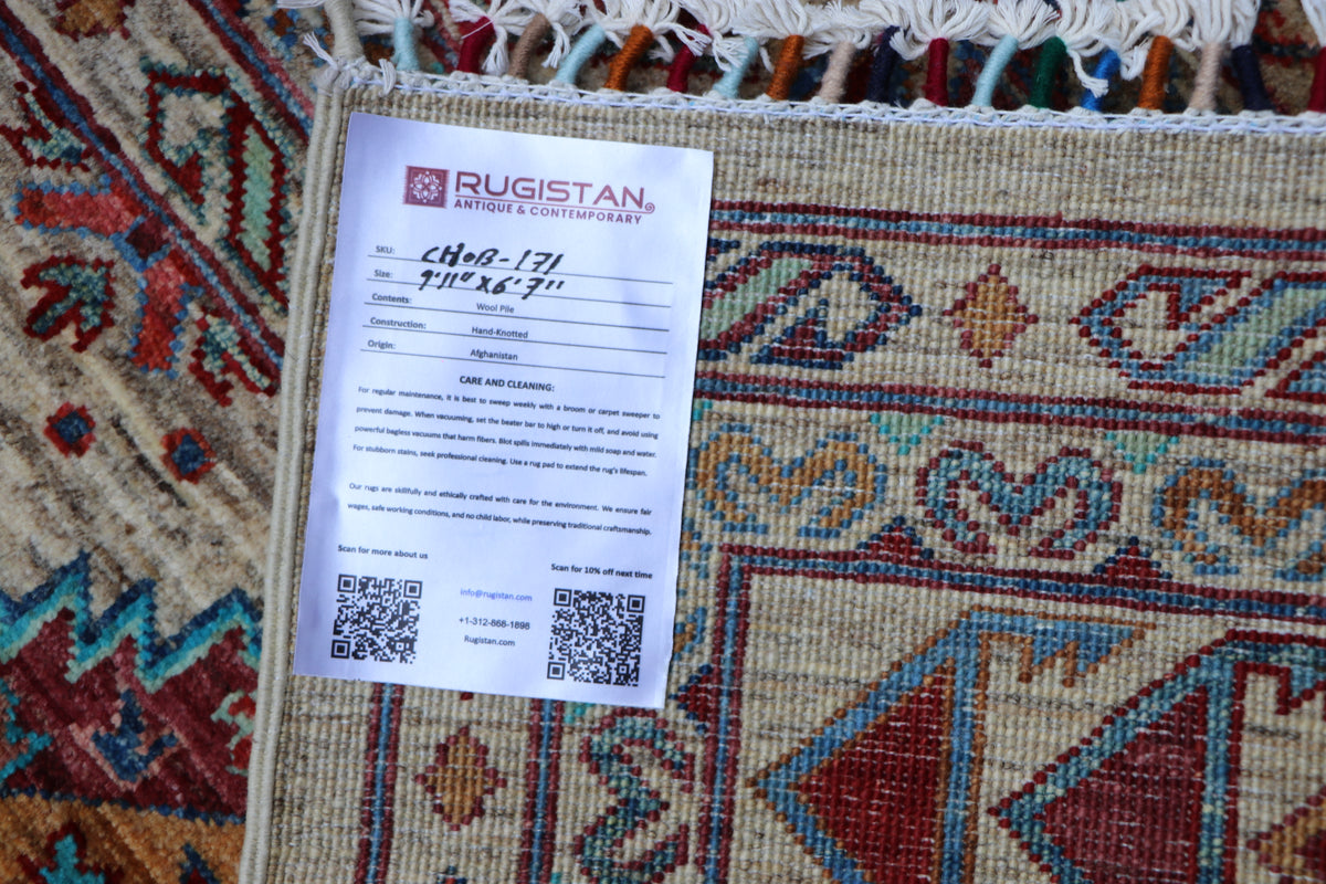 Chobi Mamluk Rug 7x10 | Beige, Turquoise & Rust | Hand-Knotted Wool
