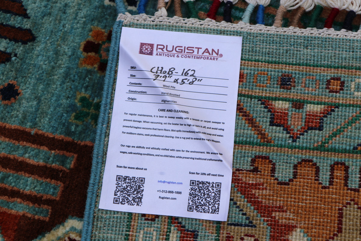 Chobi Caucasian Design Rug 6x8 | Light Blue, Rust & Ivory | Hand-Knotted Wool