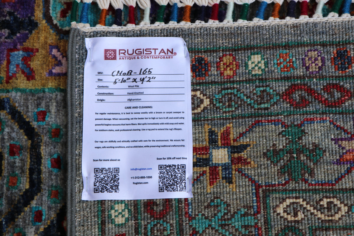 Chobi Caucasian Design Rug 4x6 | Gray, Teal & Rust | Hand-Knotted Wool