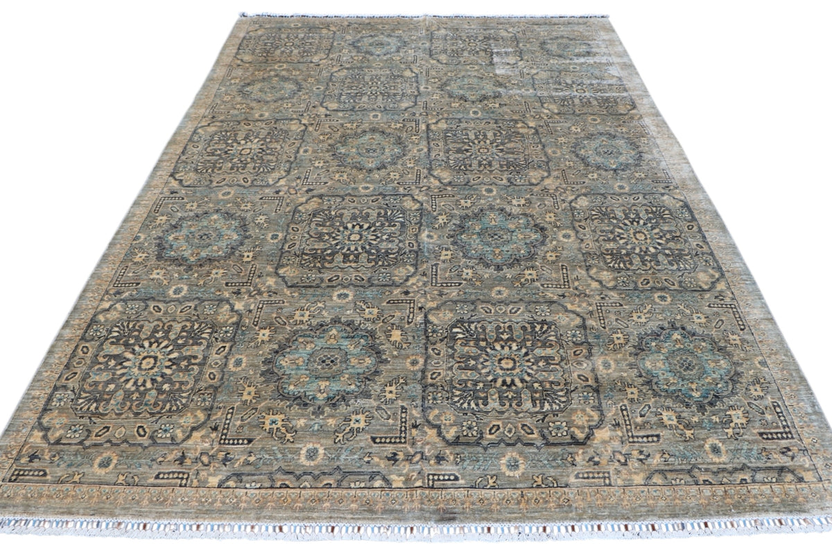 Chobi Mamluk Rug 8x10 | Gray, Beige & Blue | Hand-Knotted Wool