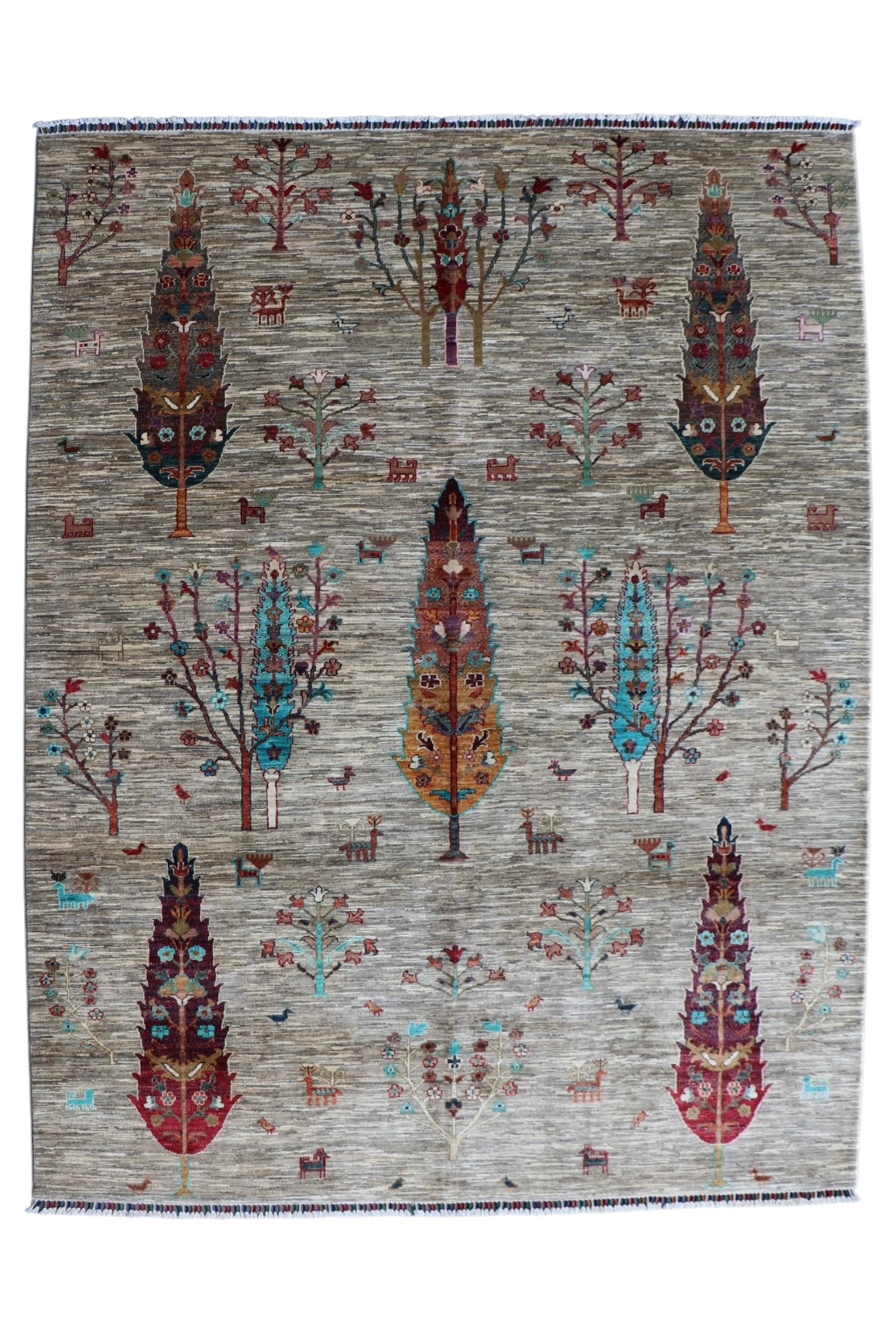 Chobi Tree of Life Rug 7x10 | Gray, Red & Orange | Hand-Knotted Wool