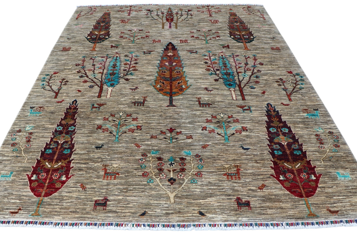 Chobi Tree of Life Rug 7x10 | Gray, Red & Orange | Hand-Knotted Wool