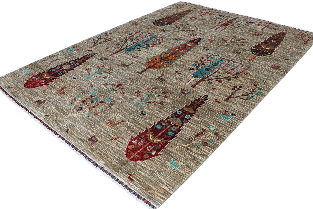 Chobi Tree of Life Rug 7x10 | Gray, Red & Orange | Hand-Knotted Wool