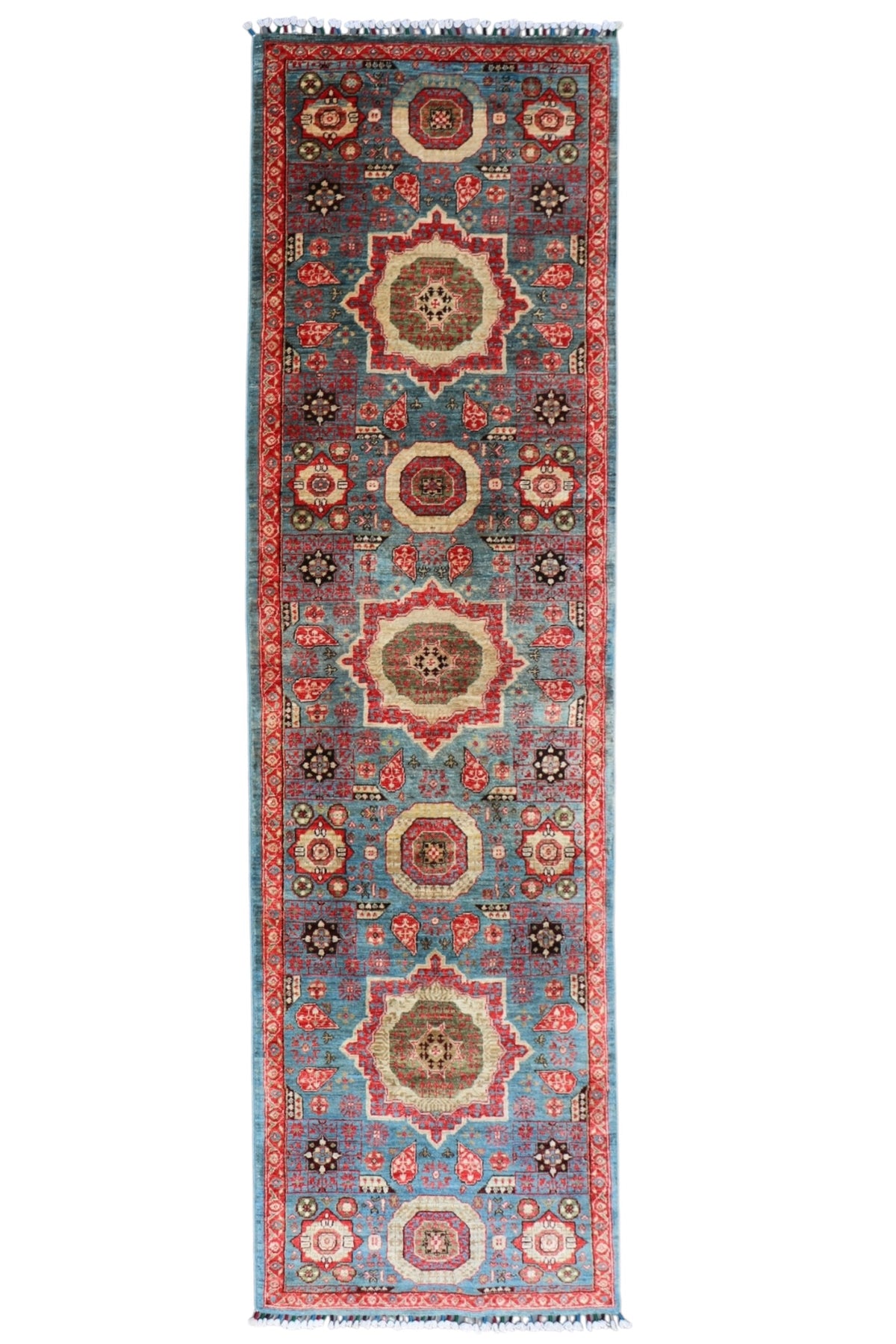 Chobi Mamluk Runner 3x10 | Blue, Red & Beige | Hand-Knotted Wool