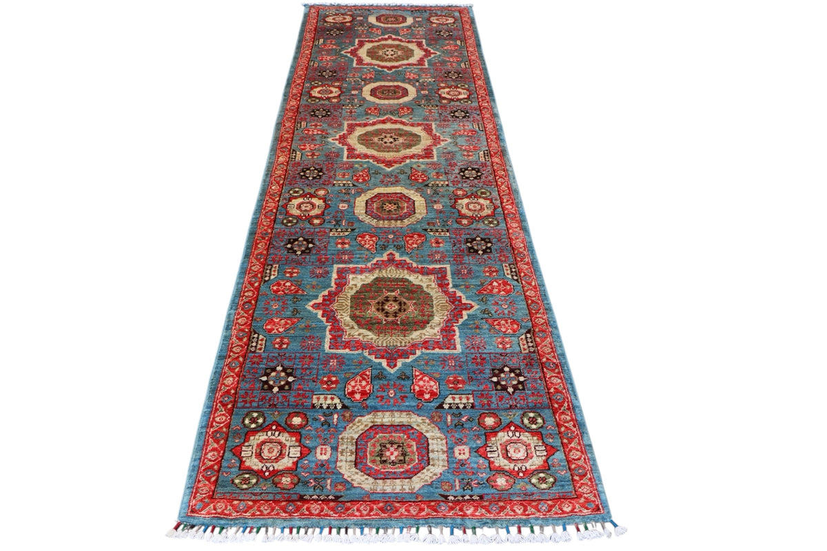 Chobi Mamluk Runner 3x10 | Blue, Red & Beige | Hand-Knotted Wool