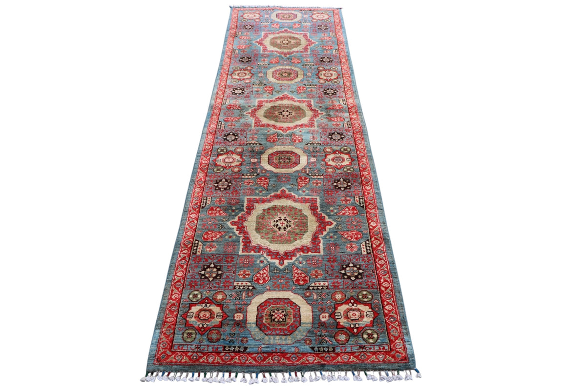 Chobi Mamluk Runner 3x10 | Blue, Red & Beige | Hand-Knotted Wool