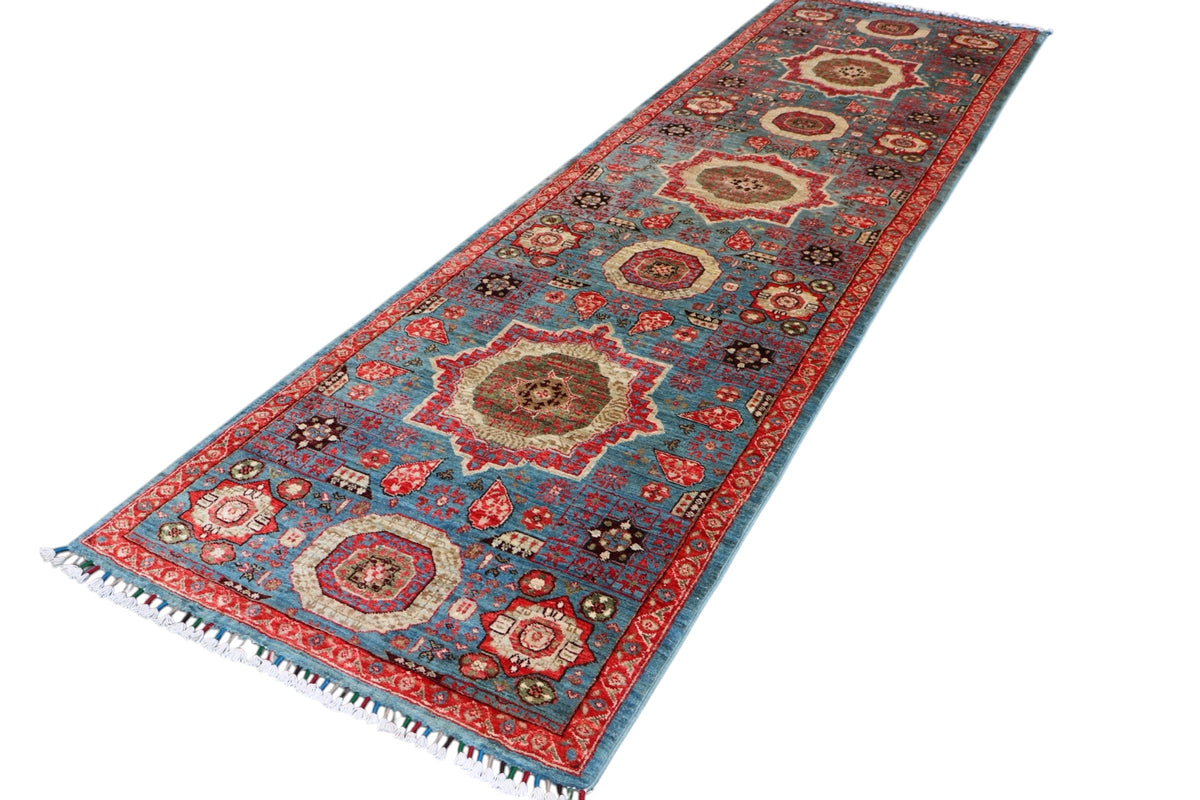 Chobi Mamluk Runner 3x10 | Blue, Red & Beige | Hand-Knotted Wool