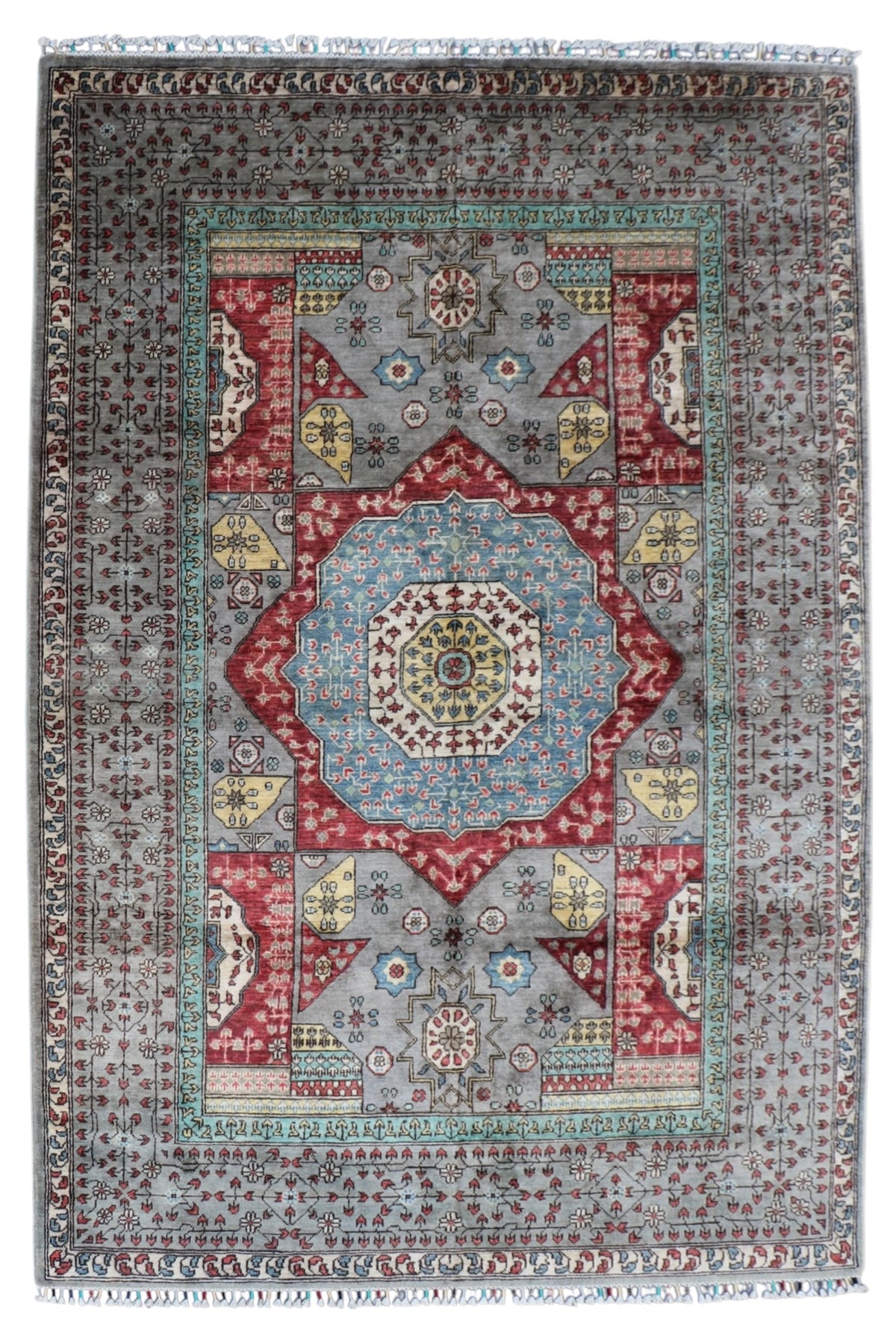 Chobi Mamluk Rug 6x10 | Gray, Red & Light Blue | Hand-Knotted Wool