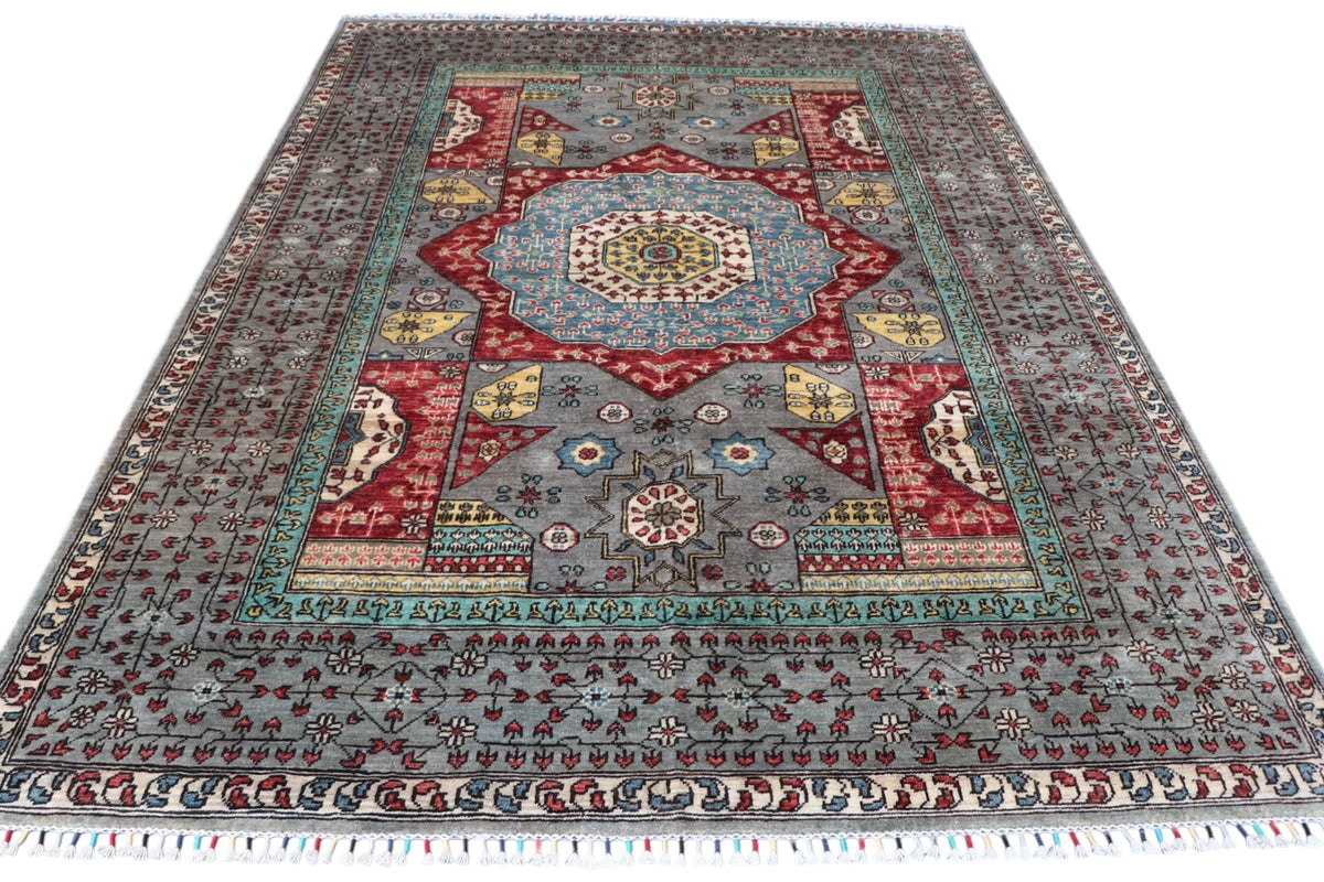 Chobi Mamluk Rug 6x10 | Gray, Red & Light Blue | Hand-Knotted Wool