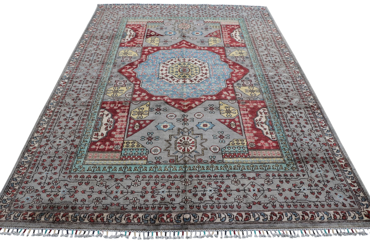 Chobi Mamluk Rug 6x10 | Gray, Red & Light Blue | Hand-Knotted Wool