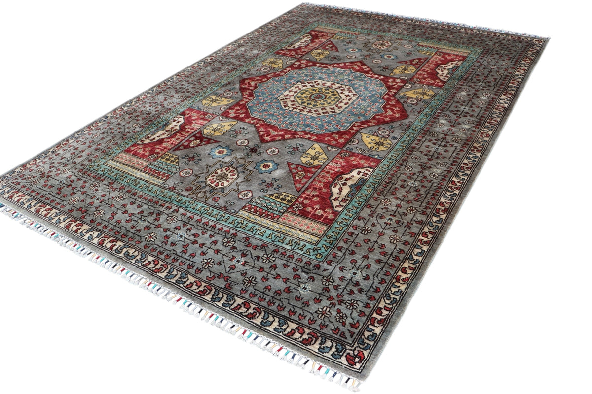 Chobi Mamluk Rug 6x10 | Gray, Red & Light Blue | Hand-Knotted Wool