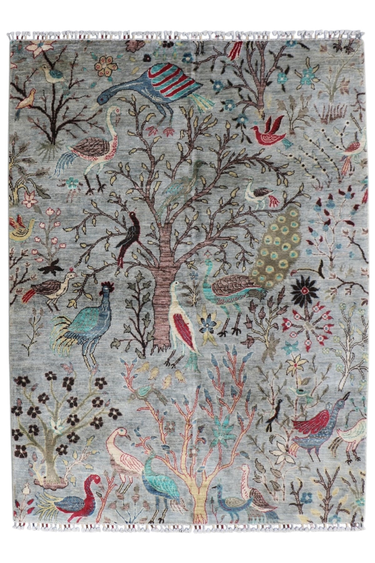 Chobi Tree of Life Rug 6x8 | Gray, Brown & Light Blue | Hand-Knotted Wool
