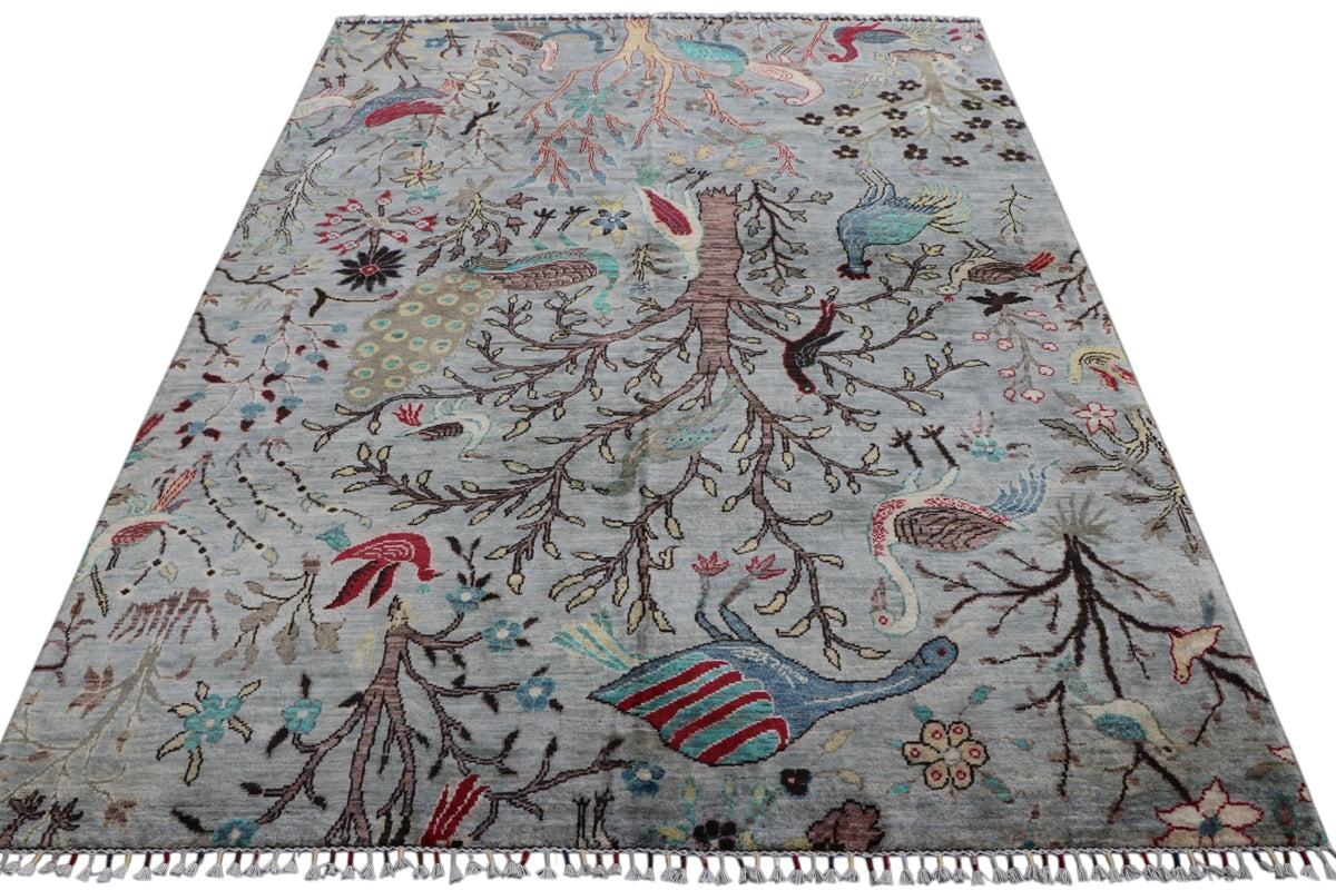 Chobi Tree of Life Rug 6x8 | Gray, Brown & Light Blue | Hand-Knotted Wool