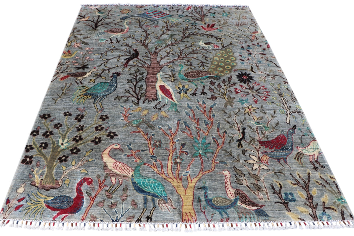 Chobi Tree of Life Rug 6x8 | Gray, Brown & Light Blue | Hand-Knotted Wool