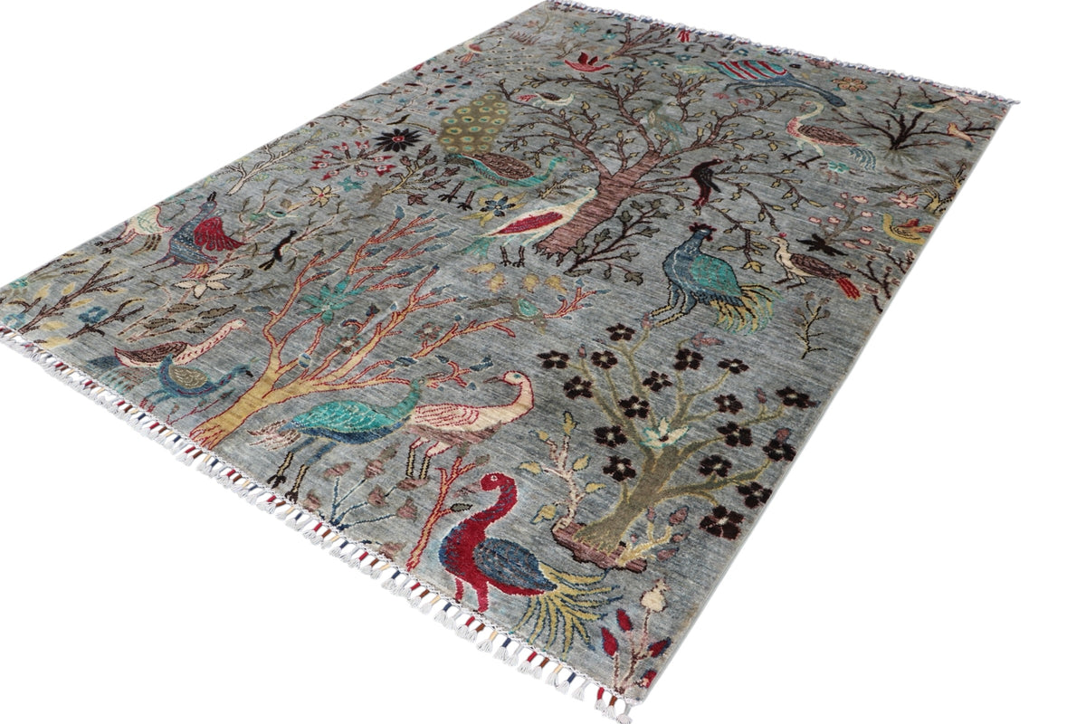 Chobi Tree of Life Rug 6x8 | Gray, Brown & Light Blue | Hand-Knotted Wool