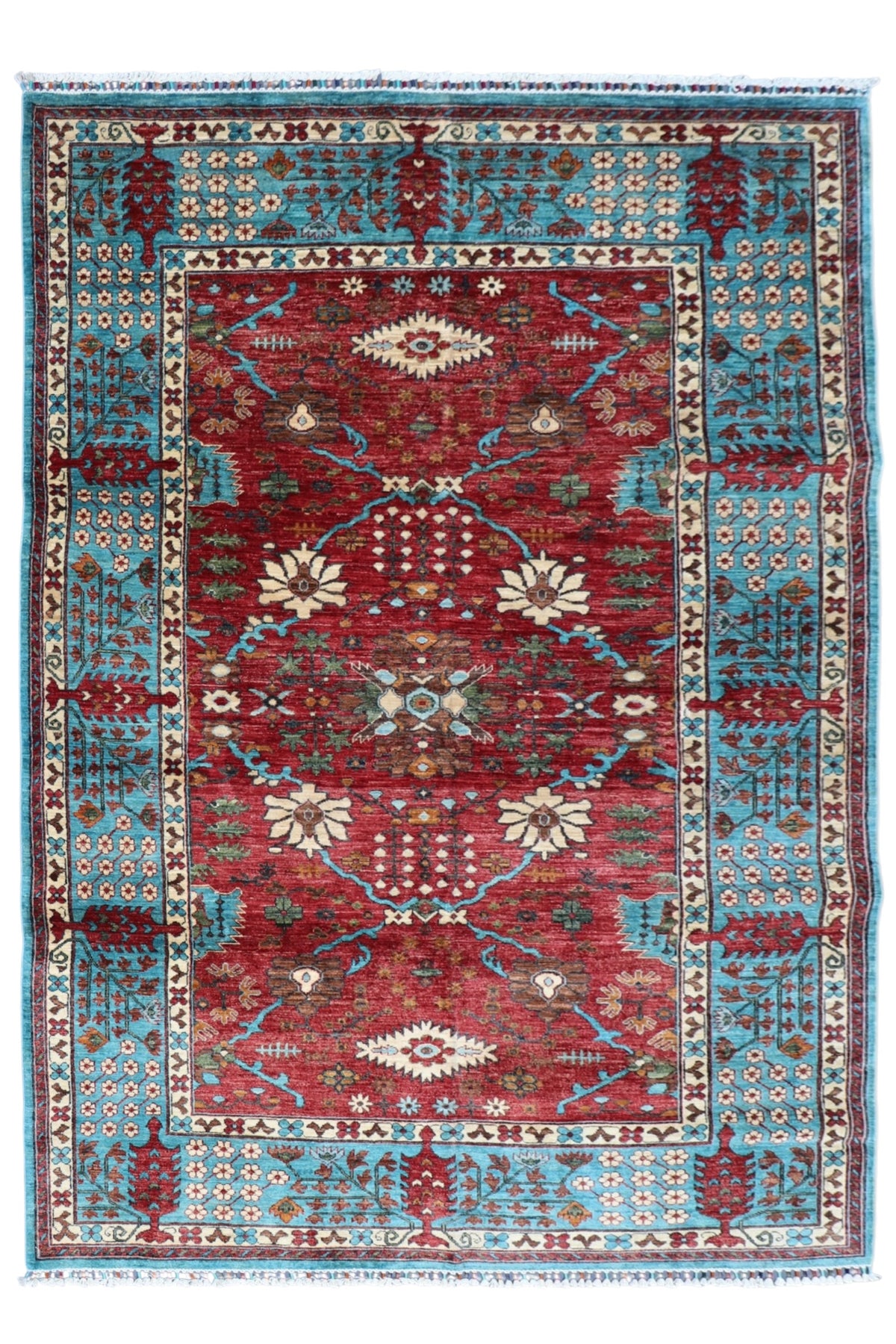 Chobi Ziegler Rug 7x9 | Red, Turquoise & Ivory | Hand-Knotted Wool